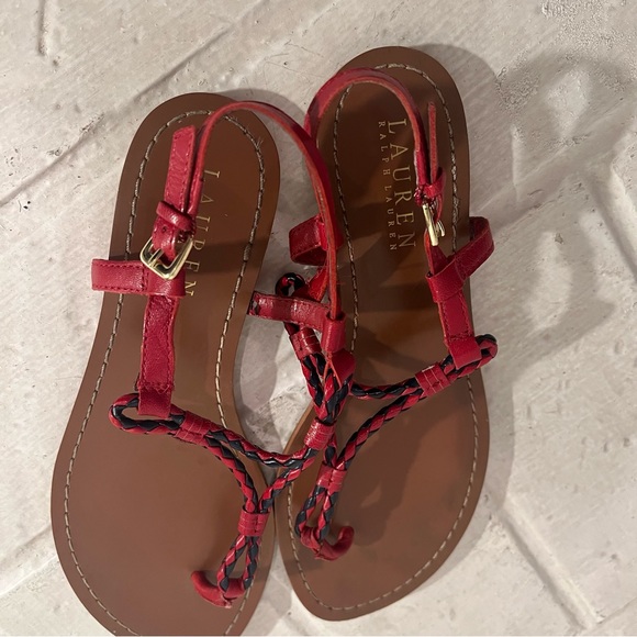 Lauren Ralph Lauren Alexa Red & Navy Rope Leather Thong Sandals Size 7.5B - Picture 5 of 9